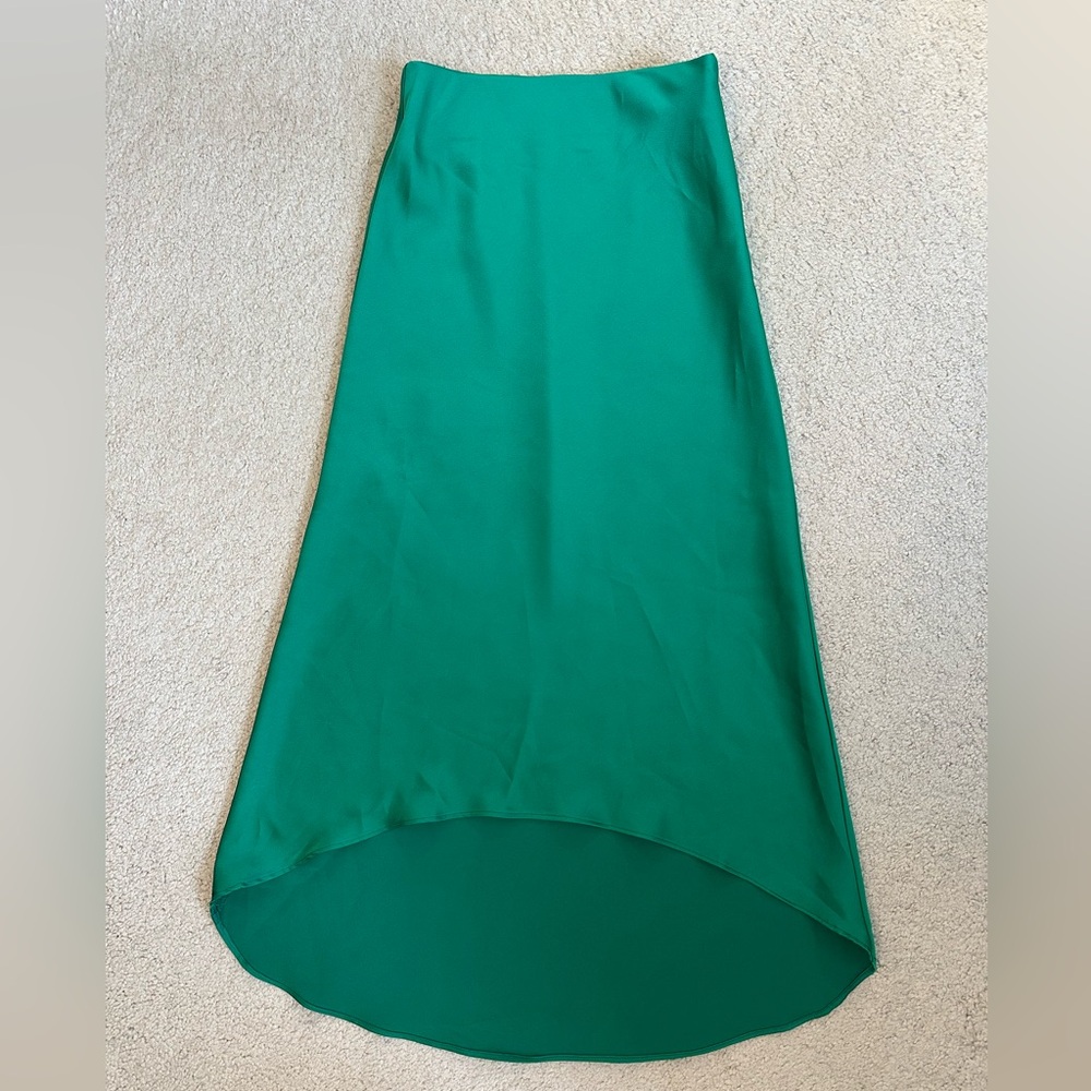 Trending now- Skies Are Blue Vibrant Green Satin Midi Skirt- Size XS